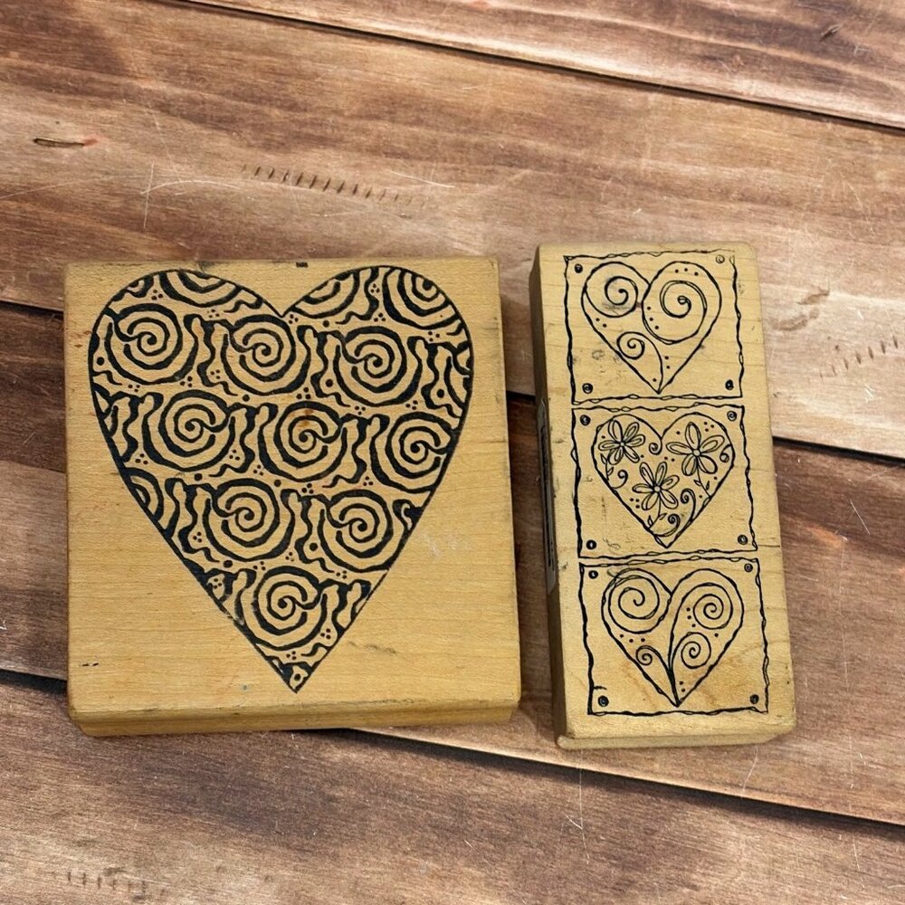 SET OF 2 MAGENTA M0387  WOOD MOUNTED RUBBER STAMPS HEART LOVE VALENTINE
